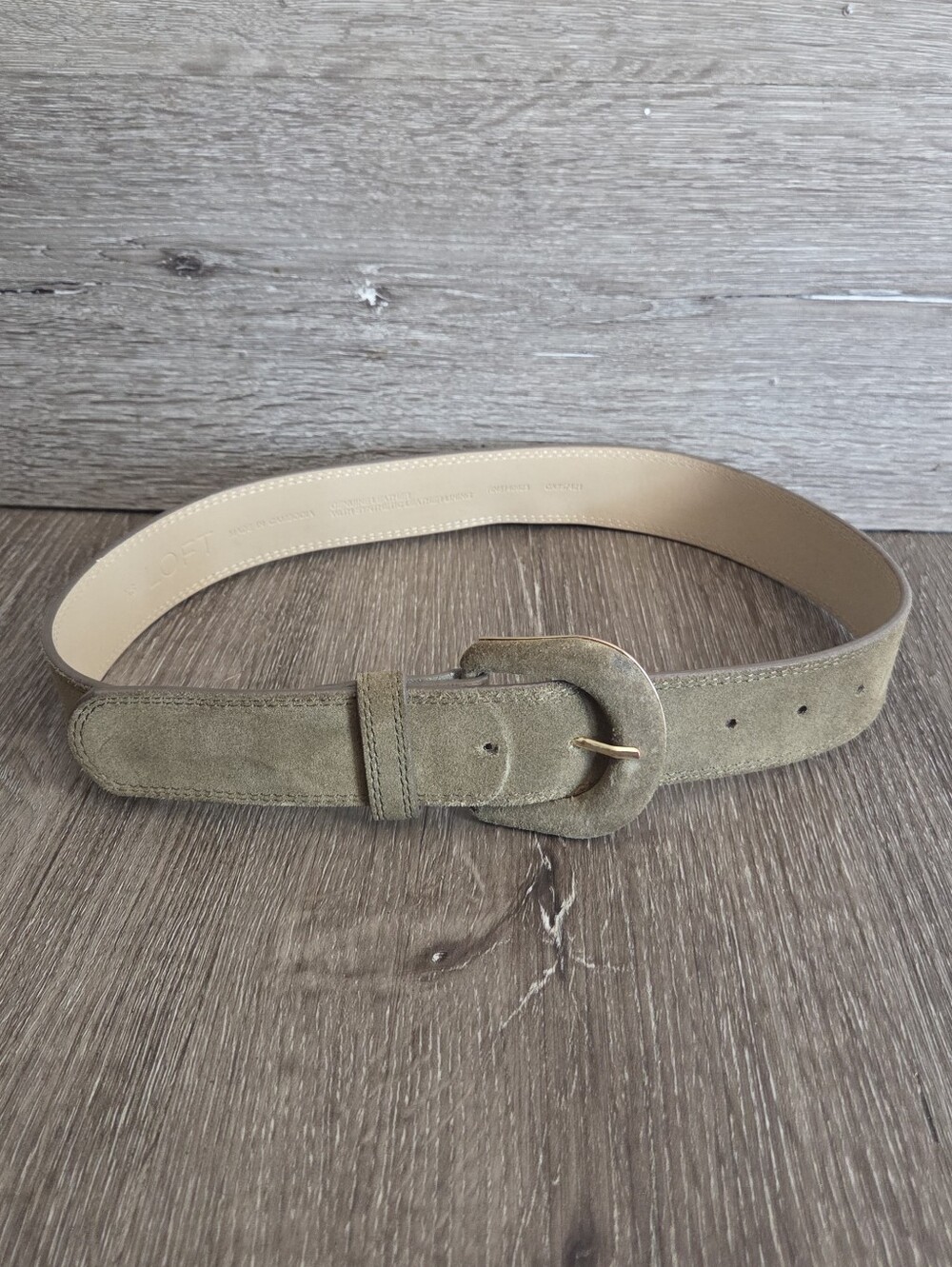 LOFT Olive Green Genuine Suede Leather Belt Gold Oval Horseshoe Buckle Size XS